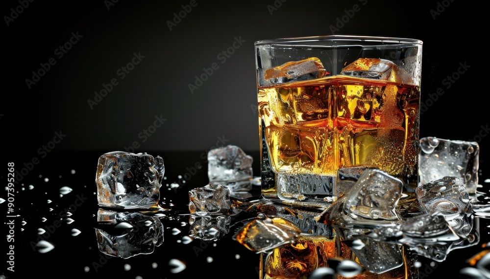 A Glass of Whiskey With Ice Cubes Reflects Light on a Dark Surface A Glass of Whiskey With Ice Cubes Reflects Light on a Dark Surface