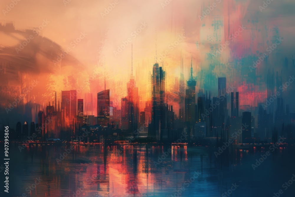 Urban landscape artwork featuring city skyline, water, and sky, A city skyline rendered in a painterly style with soft, blurred edges, Ai generated Urban landscape artwork featuring city skyline, water, and sky, A city skyline rendered in a painterly style with soft, blurred edges, Ai generated
