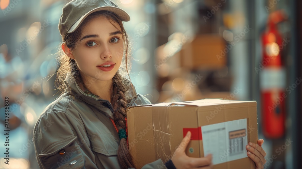 Young Delivery Person Carrying Package in Urban Setting During Afternoon. Generative AI Young Delivery Person Carrying Package in Urban Setting During Afternoon. Generative AI