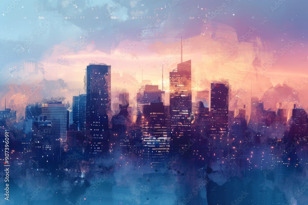 Obraz premium Urban landscape artwork featuring city skyline, water, and sky, A city skyline rendered in a painterly style with soft, blurred edges, Ai generated