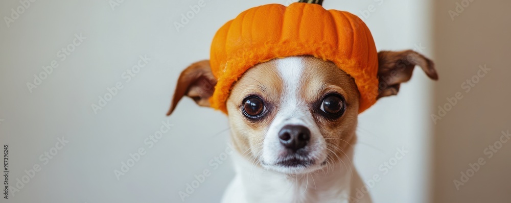 Close-up of a small dog with a pumpkin hat against a clean, minimal background, representing the festive Halloween spirit with pets Close-up of a small dog with a pumpkin hat against a clean, minimal background, representing the festive Halloween spirit with pets
