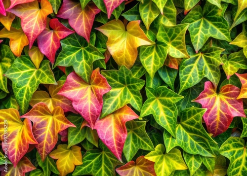 Wallpaper Mural Vibrant, swirling ivy leaves in shades of green, pink, and yellow fill the frame, creating a stunning, abstract seasonal background with delicate, curled tendrils. Torontodigital.ca