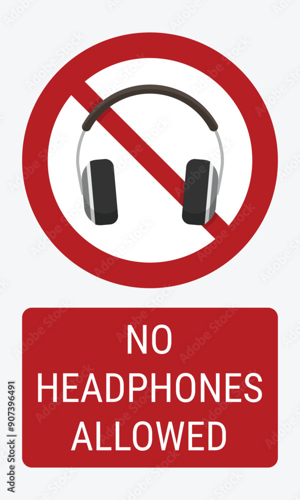 No headphones allowed prohibition sign. Headphones forbidden sign. No symbol with text description No headphones allowed prohibition sign. Headphones forbidden sign. No symbol with text description