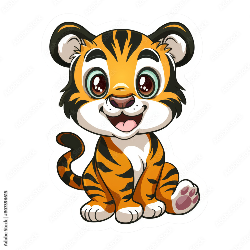 Cute Cartoon Animal Sticker of a Happy Tiger Cub with Big Eyes and Striped Fur - Perfect for Kids, Crafts, and Decorations Cute Cartoon Animal Sticker of a Happy Tiger Cub with Big Eyes and Striped Fur - Perfect for Kids, Crafts, and Decorations