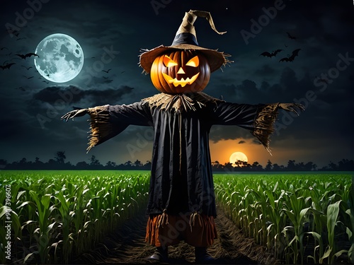 Halloween pumpkin head scarecrow and night paddy field photo