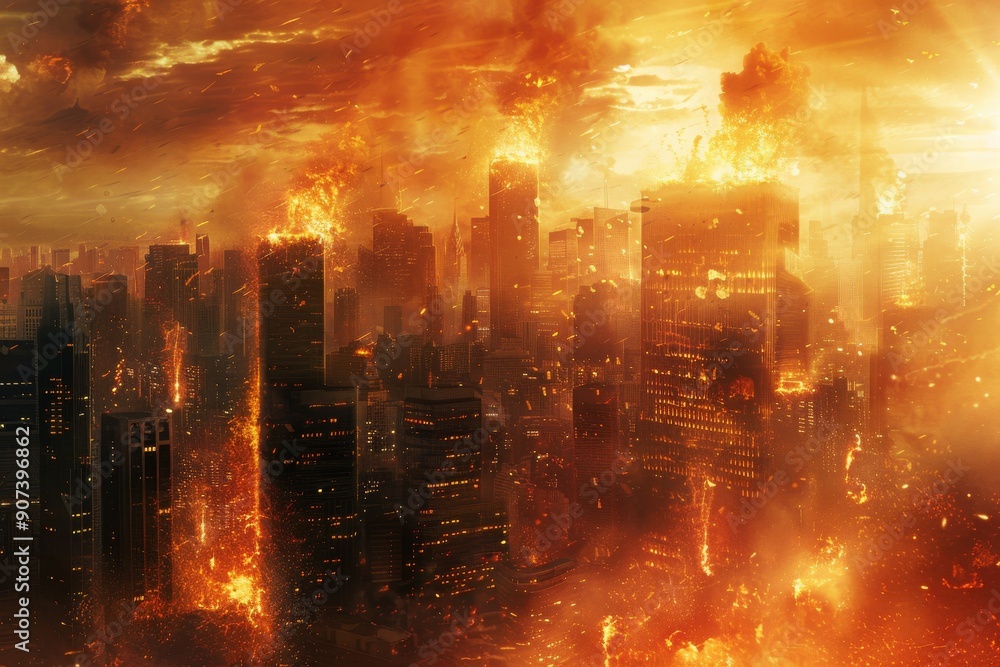 Fototapeta premium A city skyline on fire, with flames engulfing buildings and chaotic energy, AI generated