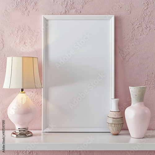 Pastel pink wall with a smooth texture featuring a white, empty picture frame mockup, stylish lamp, and a pair of decorative vases on a shelf. photo