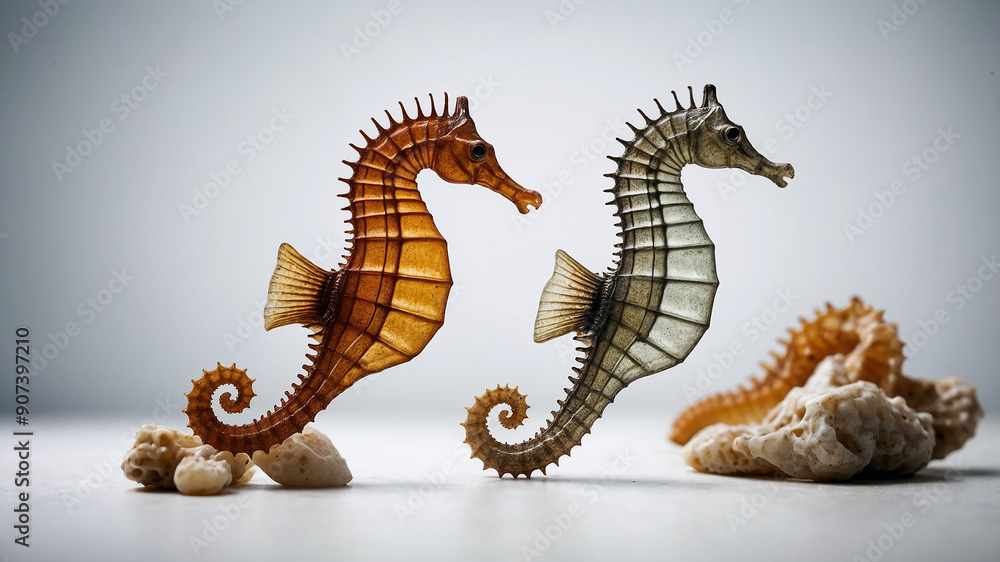 Fototapeta premium Portrait of a seahorse against a white background, showcasing its unique, elongated body and distinctive features. The image captures the intricate details and elegant shape of this marine creature.
