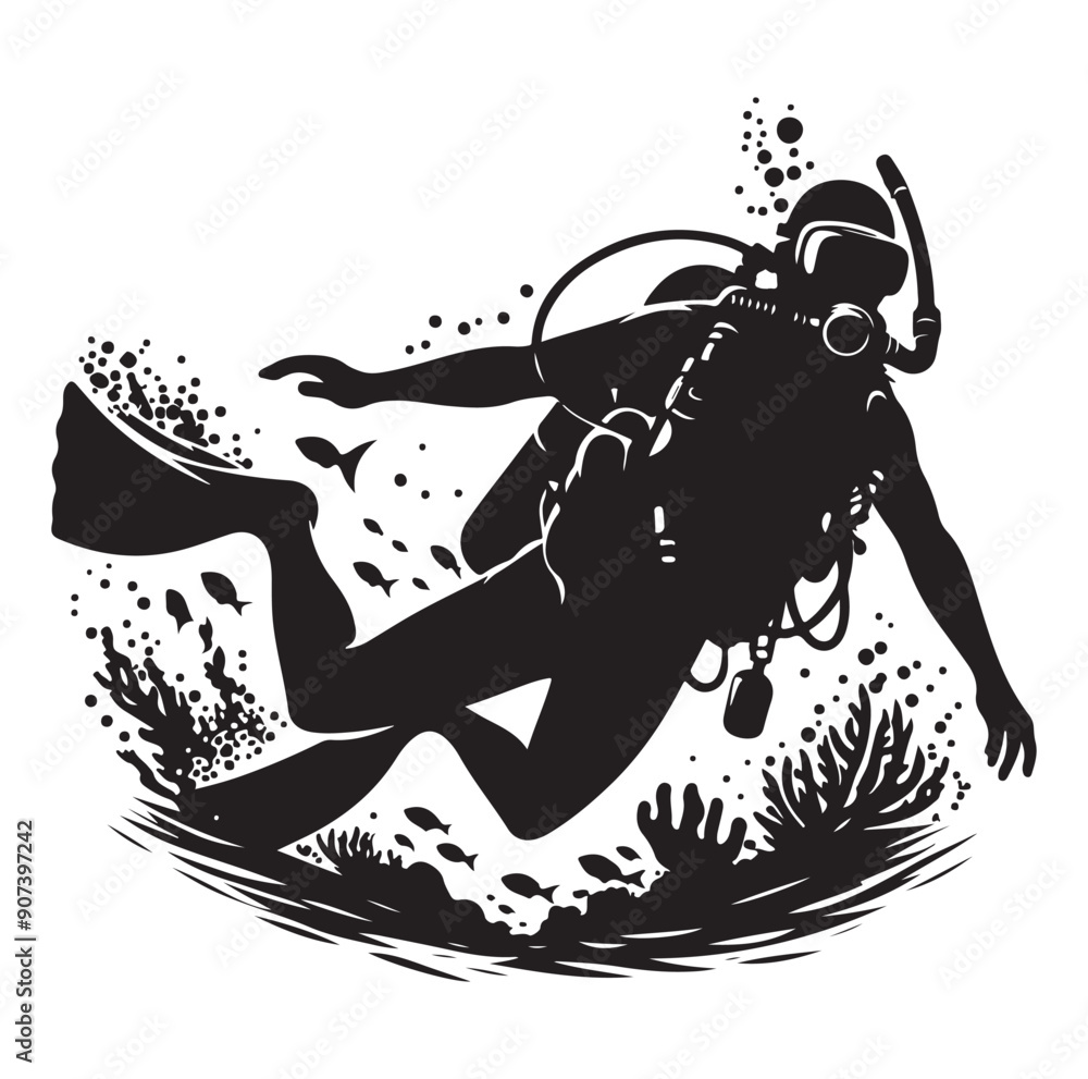 Scuba diving people silhouettes vector illustrations isolated on white background. Scuba diving people silhouettes vector illustrations isolated on white background.