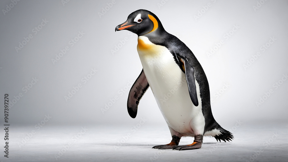Obraz premium Portrait of a majestic king penguin on a white background, showcasing its black, white, and orange plumage. The image highlights the appearance and distinctive features of this iconic Antarctic bird.