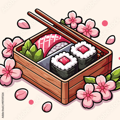 Japanese bento box of sushi traditional food with springtime sakura accents