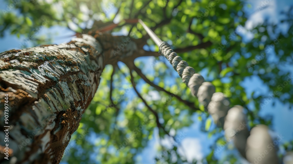 Fototapeta premium A captivating view of a tree trunk and swing, showcasing lush green leaves against a bright blue sky.