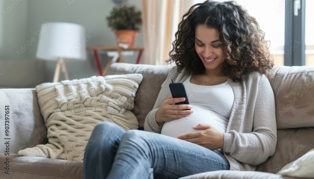 Pregnant Woman Uses Smartphone While Sitting on a Couch Pregnant Woman Uses Smartphone While Sitting on a Couch