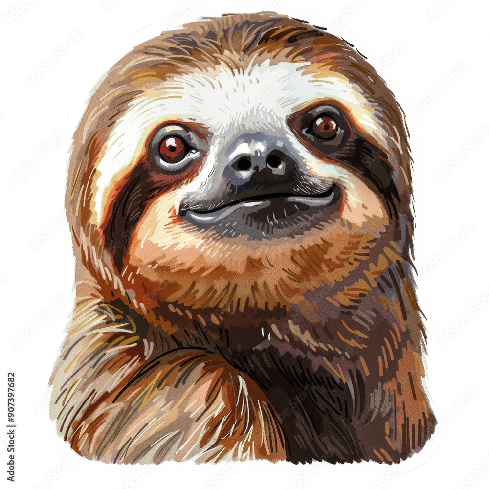 Cute Animal Sticker of a Smiling Sloth with Detailed Fur and Expressive Eyes - Perfect for Laptops, Notebooks, and Scrapbooks Cute Animal Sticker of a Smiling Sloth with Detailed Fur and Expressive Eyes - Perfect for Laptops, Notebooks, and Scrapbooks