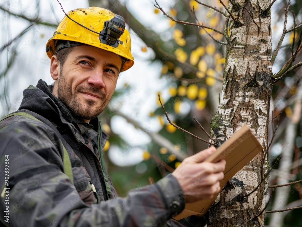 Naklejka premium A forestry worker inspects a tree, equipped with a yellow helmet and a clipboard, demonstrating dedication to environmental care.