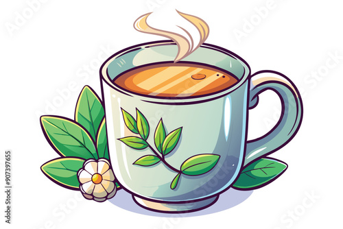 A steaming mug of tea with floral design and leaves