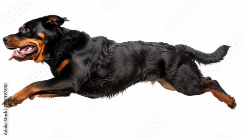 Energetic Rottweiler Dog Leaping Joyfully Against a White Background During Daytime Playtime