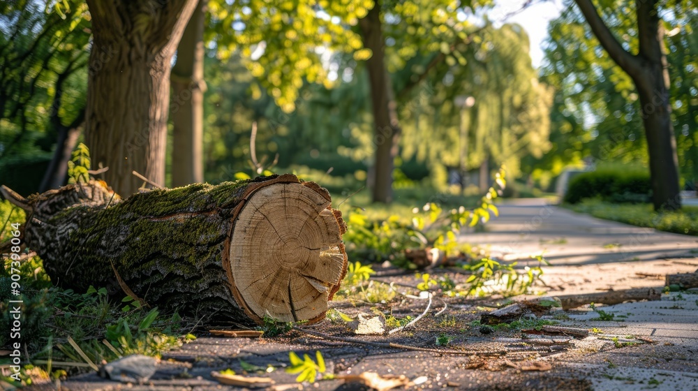 A tranquil park scene featuring a fallen log, surrounded by lush greenery and a serene walkway for leisurely strolls. A tranquil park scene featuring a fallen log, surrounded by lush greenery and a serene walkway for leisurely strolls.