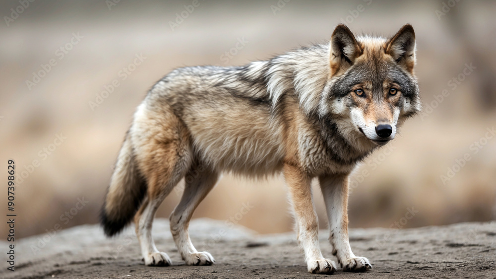 Fototapeta premium Portrait of a majestic wolf in the wild, captured in a natural habitat with a focus on its intense gaze, powerful build, and rugged fur.