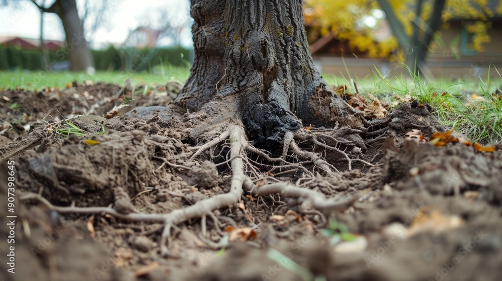 Close-up view of a tree root system emerging from the soil, showcasing nature's beauty and intricacies of plant life. Close-up view of a tree root system emerging from the soil, showcasing nature's beauty and intricacies of plant life.