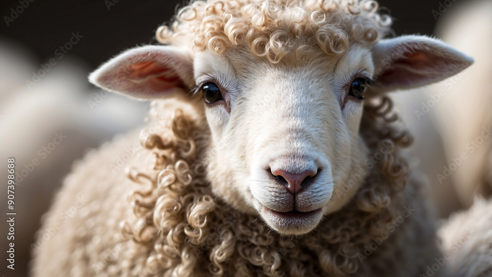 Portrait of a sheep grazing on a farm, set against a rustic rural background. The image highlights the sheep's fluffy wool, serene expression, and natural setting, capturing the essence of farm life Portrait of a sheep grazing on a farm, set against a rustic rural background. The image highlights the sheep's fluffy wool, serene expression, and natural setting, capturing the essence of farm life