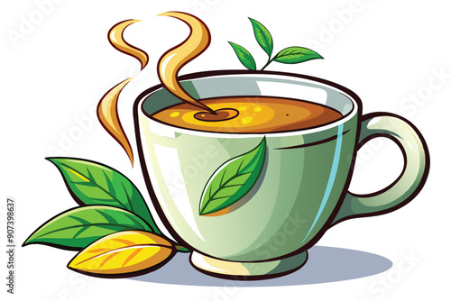 A cartoon illustration of a steaming cup of tea with tea leaves