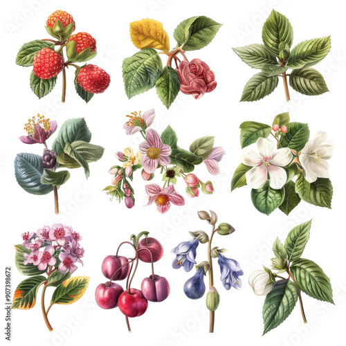 High-Quality Botanical Illustrations of Various Plants and Flowers with Detailed Leaves and Blossoms photo