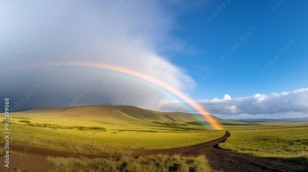 Naklejka premium a pastel-colored rainbow arching across a serene sky, with fluffy clouds