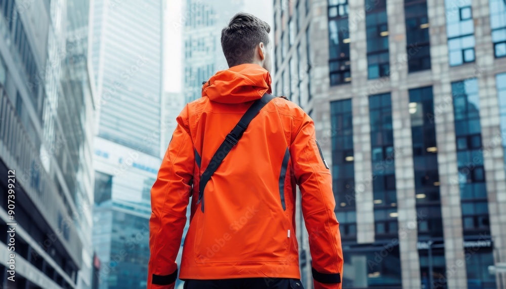 Man Wearing Orange Jacket Walking Through Modern City Man Wearing Orange Jacket Walking Through Modern City