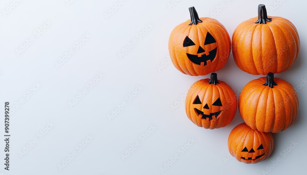 Decorative Halloween pumpkins on a clean white background, stylish and minimalistic design, festive atmosphere, copy space, modern Halloween decor Decorative Halloween pumpkins on a clean white background, stylish and minimalistic design, festive atmosphere, copy space, modern Halloween decor