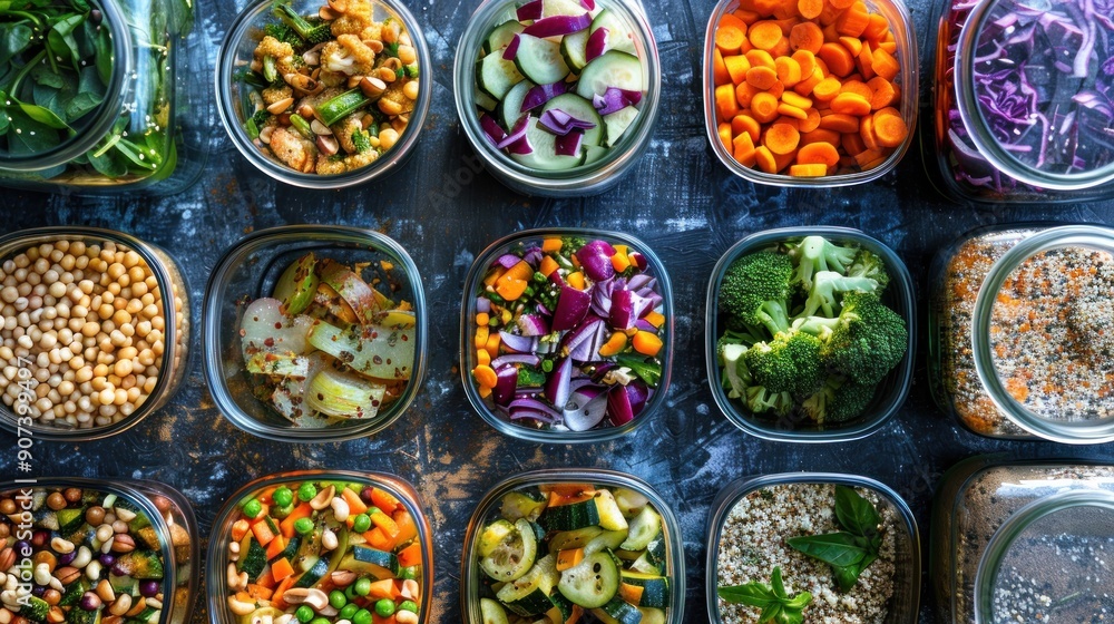Variety of fresh vegetables in glass jars. Variety of fresh vegetables in glass jars.