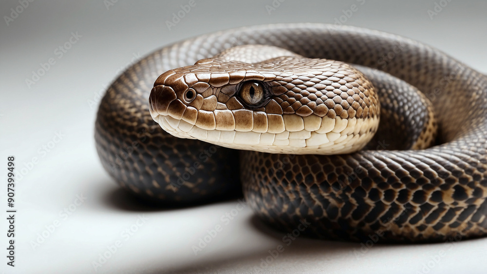 Fototapeta premium Close-up of a cobra snake with striking scales and hood displayed against a white background. The detailed shot highlights the cobra’s distinctive features