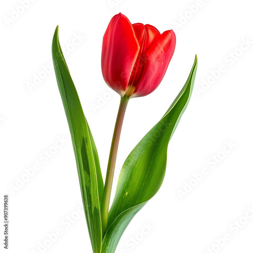 Vibrant Red Tulip Flower with Green Leaves Isolated on Black Background - Botanical Nature Photography