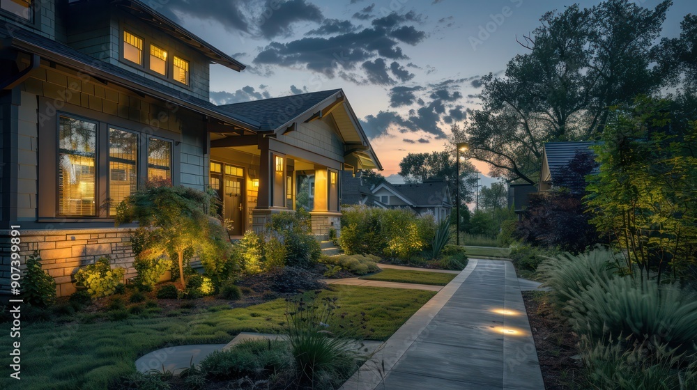 Suburban Craftsman style house captured at sunset, side view with the pathway illuminated by soft landscape lighting, creating a welcoming effect Suburban Craftsman style house captured at sunset, side view with the pathway illuminated by soft landscape lighting, creating a welcoming effect