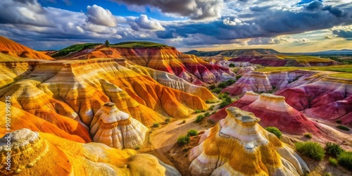 Vibrant orange, yellow, and purple hues dance across uniquely shaped rock formations at the Paint Mines near Calhan, Colorado, showcasing nature's kaleidoscopic artistry. photo