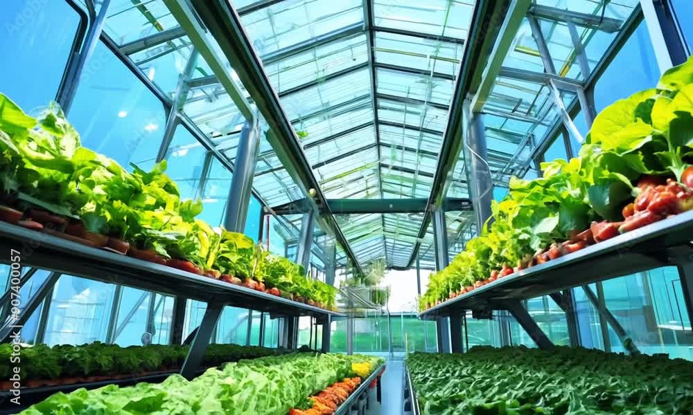 Lush, colorful vegetables are growing in a futuristic vertical farm, with rows of vibrant greens, reds, and yellows Lush, colorful vegetables are growing in a futuristic vertical farm, with rows of vibrant greens, reds, and yellows
