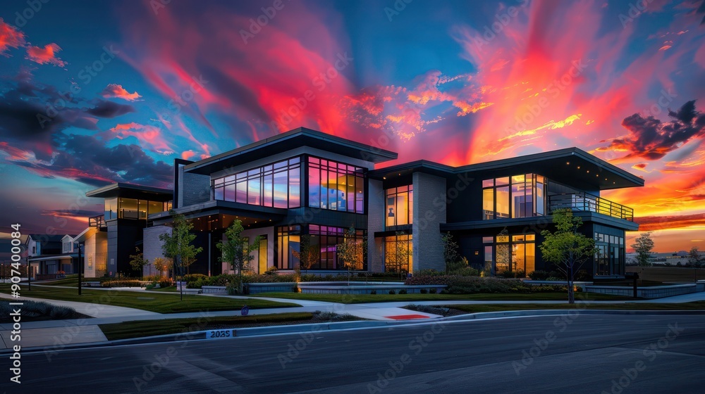 Suburban home in a modern city at sunset, the sky lit up with vibrant colors, reflecting off the homea??s large windows and modern facade Suburban home in a modern city at sunset, the sky lit up with vibrant colors, reflecting off the homea??s large windows and modern facade