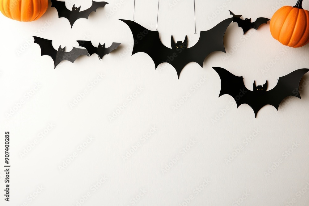 Naklejka premium Elegant Halloween wall art with pumpkins and bats, clean and beautiful background, minimalistic design, festive and stylish, copy space