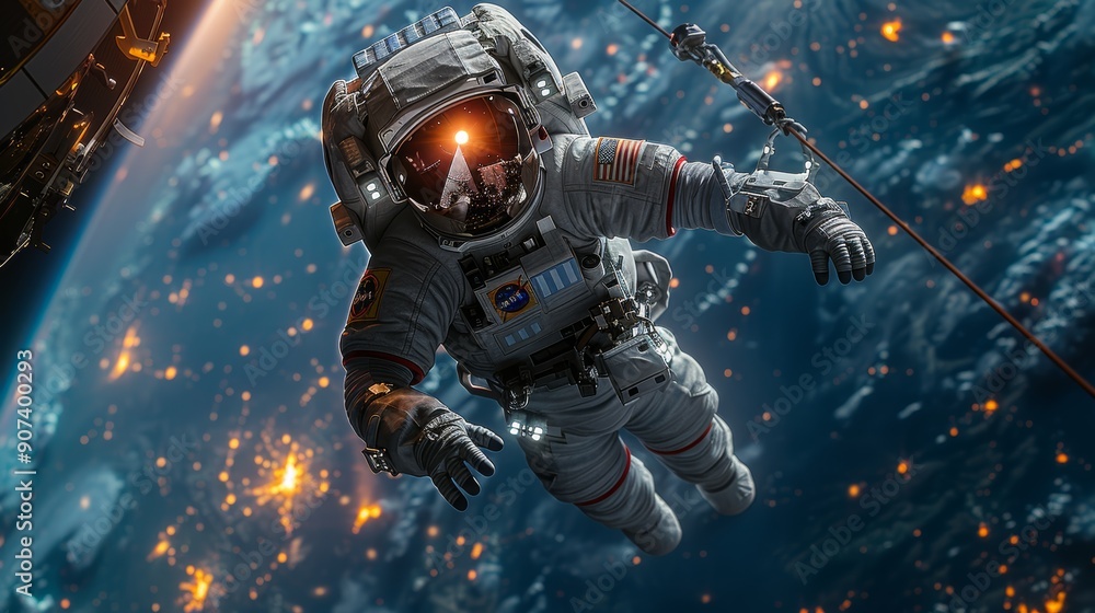 Fototapeta premium Astronaut Floating in Space With a View of Earth and Distant Stars at Night. Generative AI