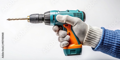 A gloved hand grasping an electric screwdriver on a pristine white background, showcasing precision and control in a professional workshop or industrial setting. photo