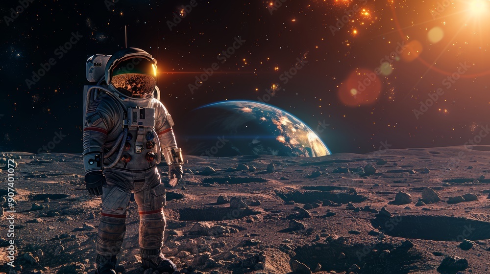Obraz premium Astronaut Standing on the Moon's Surface With Earth Visible in the Background During a Cosmic Adventure. Generative AI