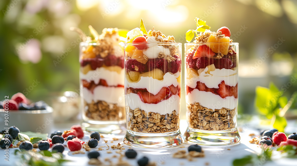 fruit parfaits in clear glasses with vibrant layers of yogurt granola and mixed fruits garnished with fresh mint set against a sunny backdrop fruit parfaits in clear glasses with vibrant layers of yogurt granola and mixed fruits garnished with fresh mint set against a sunny backdrop