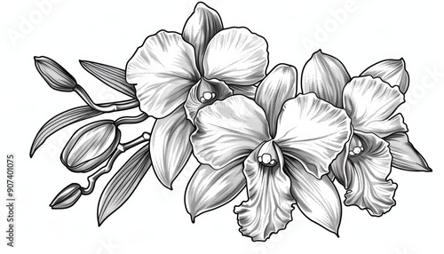 Black And White Pencil Drawing Of Orchid Flowers