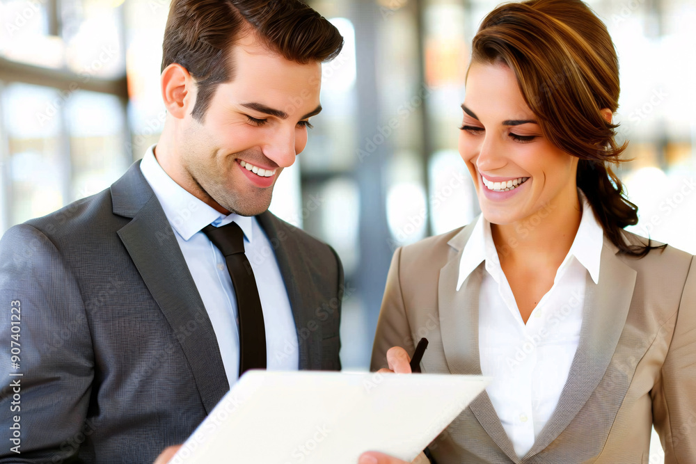 Business professionals discussing and smiling while reviewing a document in a corporate office, showcasing teamwork, communication, and successful collaboration. Business professionals discussing and smiling while reviewing a document in a corporate office, showcasing teamwork, communication, and successful collaboration.