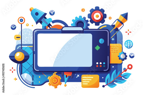 Wallpaper Mural Blue Futuristic Device Surrounded by Gears and Rockets Torontodigital.ca