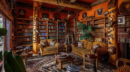 A home library with a vibrant, African safari lodge theme, featuring animal prints, earthy colors, and natural wooden furniture.