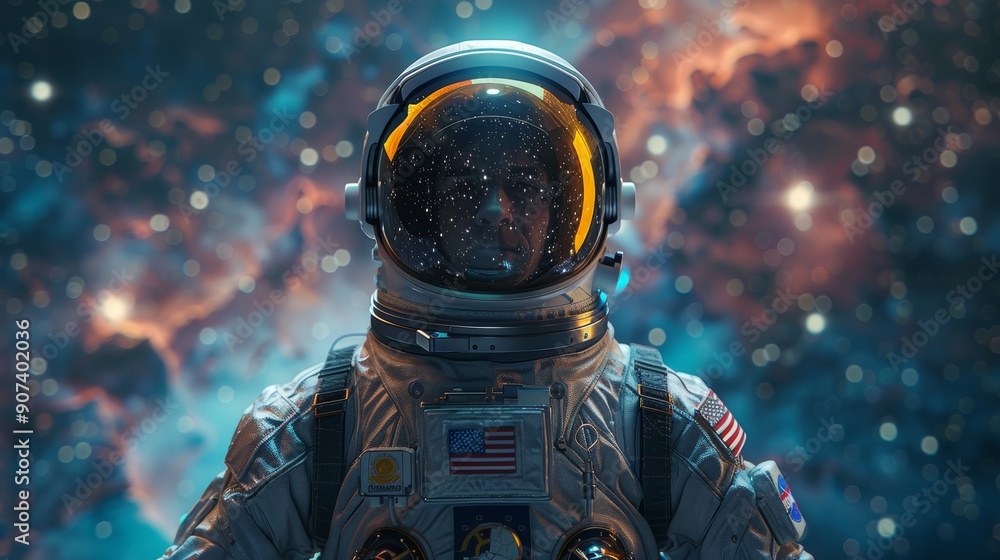 Astronaut in Space Suit Stares Into Colorful Cosmic Background Surrounded by Stars and Nebulae. Generative AI Astronaut in Space Suit Stares Into Colorful Cosmic Background Surrounded by Stars and Nebulae. Generative AI