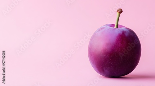 A single akebia fruit on a pastel pink background, with ample room for text. photo