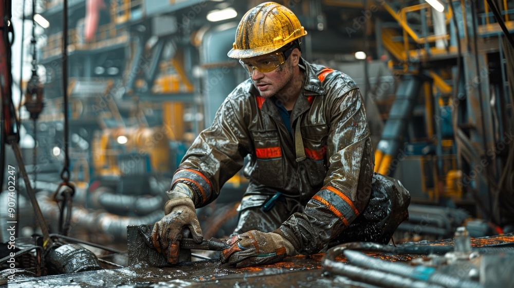 Skilled Worker Wearing Safety Gear Repairs Equipment in Industrial Setting During Daytime. Generative AI Skilled Worker Wearing Safety Gear Repairs Equipment in Industrial Setting During Daytime. Generative AI