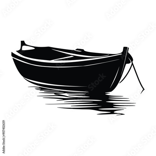 Black and white illustration of a small boat on the water.